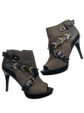 NINE WEST olive green boots peep toe ankle stiletto heels straps gold buckle 6.5